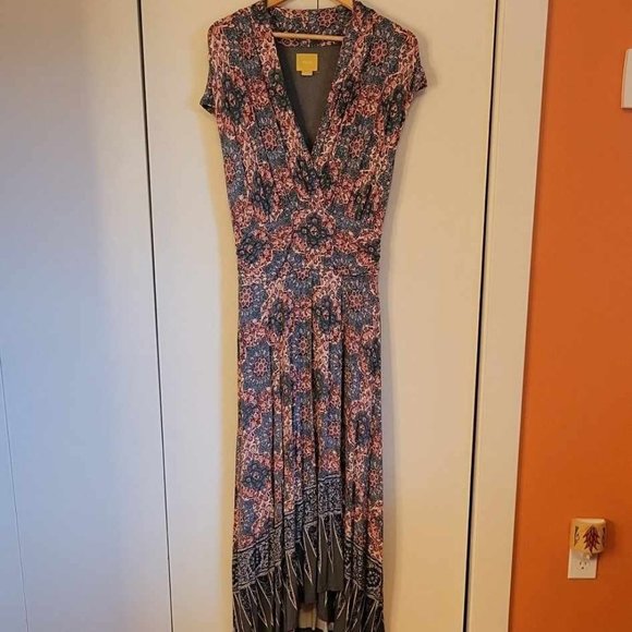 Anthropologie Maeve Faux-Wrap High Low Cap Sleeve Maxi Dress, Size 10 - Picture 1 of 12